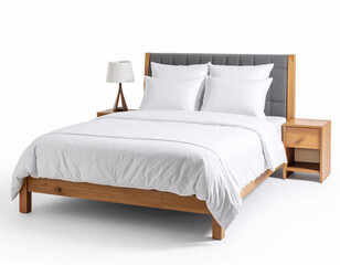 Modern double bed on isolated white background. Furniture for the modern interior, minimalist design. Textile.