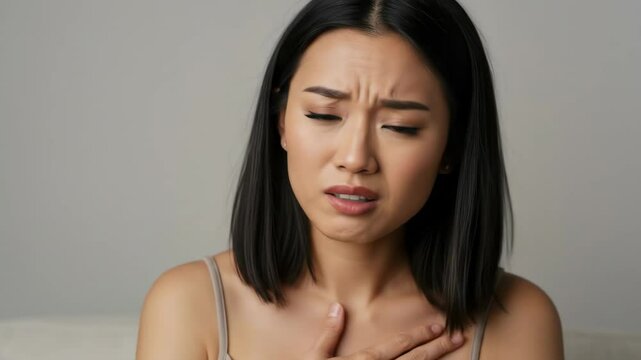 Sad Young Woman Holding Chest in Pain - Close-up view of a young Asian woman with dark hair, eyes closed, and a pained expression on her face.