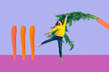 Banner trendy sketch 3d artwork collage poster of astonished girl hold greenery carrot leaves...