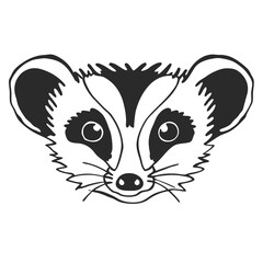 Black and white stylized animal face showcases a badger with endearing symmetrical details