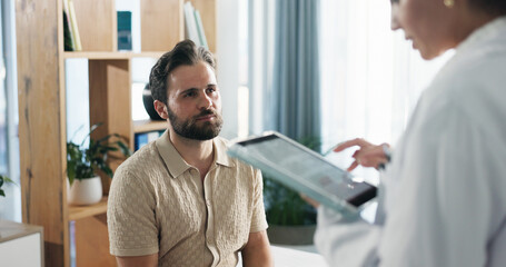 Fototapeta premium Doctor, man and patient with tablet for healthcare checkup, visit or clinic appointment at hospital. Male person, medical worker or exam with technology for health results, diagnosis or consultation