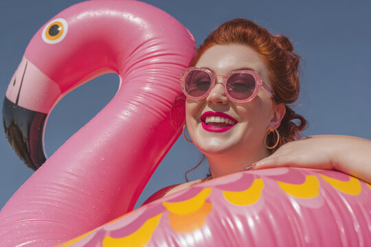 Plus size woman smiling with pink inflatable flamingo. Summer vacation background - Powered by Adobe