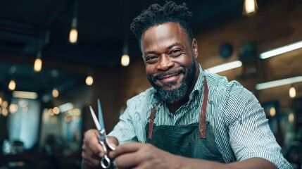 A skilled male barber smiles confidently while holding scissors in a modern salon, showcasing professionalism and a welcoming attitude in the hairdressing industry.
