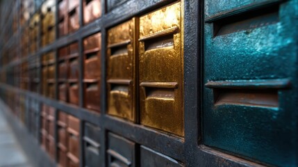 An artistic close-up of a collection of colorful mailboxes captures the essence of communication and creativity in urban design, showcasing vibrant textures.