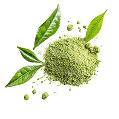 Green tea powder and fresh leaves on a white background capturing natural essence and health benefits, Green tea powder on white background