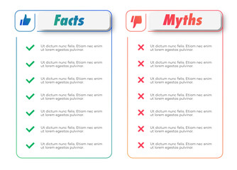 Facts and Myths card template trendy style on white background. Fact checking or easy compare evidence. Concept illustration Vector 10 eps