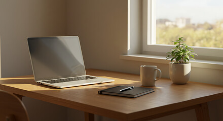 Sunlit Workspace Laptop, Notebook, and Coffee on Wooden Desk Near Window