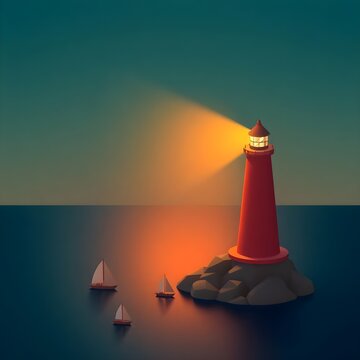 Guiding Beacon: Minimalist Lighthouse Casting Golden Path for Autonomous Boats in Calm Twilight Seascape - Symbolic Leadership 3D Illustration
