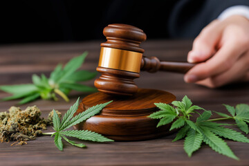 judge's gavel in the male hand and marijuana leaves in the courtroom. Concept of legalizing and decriminalizing weed and drugs