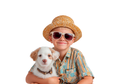 Cheerful child with sunglasses and dog in summer hat isolated on transparent background, PNG