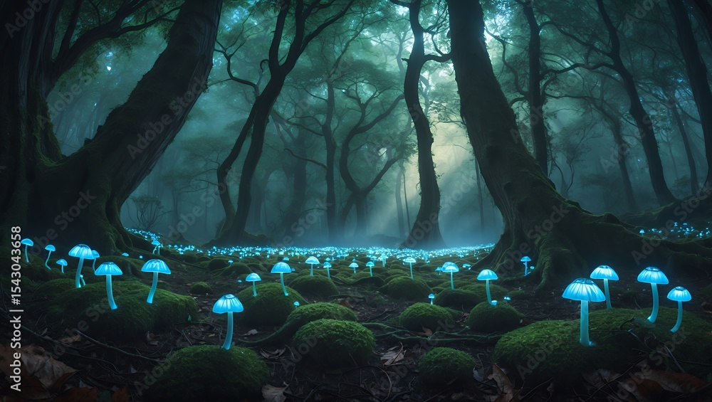 Poster glowing mushroom field in misty forest with large trees