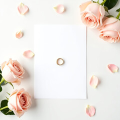 Wedding Invitation Flatlay with Pink Roses and Gold Ring on White Background


