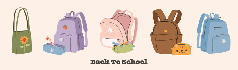 Set of different school backpack and schoolbag. Collection of colorful children bags with stationary, textbooks. Back to school concept vector illustration isolated on white background.