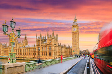 London, England, UK. The Palace of Westminster, Big Ben and Westminster Bridge at sunrise.