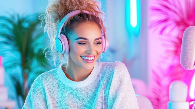 Radiant Streamer's Joy: A beautiful streamer, radiating a vibrant smile, wears headphones and engages in a live stream. Capturing her energetic and enthusiastic connection with viewers and community