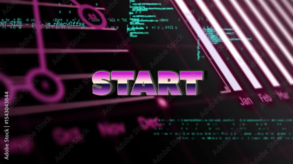 Poster pink script scrolling initiating code receding, start title emerging charts animating showing data