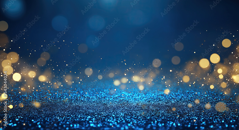 Poster sparkling blue and golden particles create magical atmospheric background with twinkling lights.