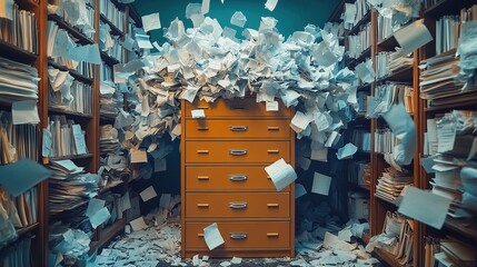 A giant messy filing cabinet overflowing with crumpled documents 