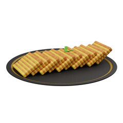 3D illustration of Lapis Legit, a traditional Indonesian layered cake with a rich and moist texture, served on a plate.