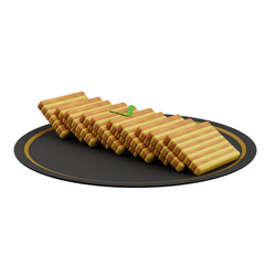 3D illustration of Lapis Legit, a traditional Indonesian layered cake with a rich and moist texture, served on a plate.