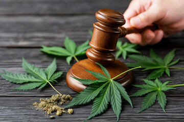 judge gavel in the male hand and marijuana leaves in the courtroom. Concept of legalizing and decriminalizing weed and drugs