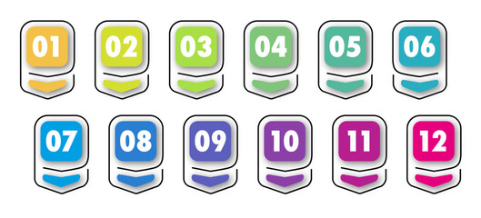 Bullet points numbers from 1 to 12 list markers vector set trendy style colorful trendy typography vector