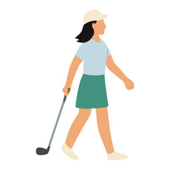 Lady Golfer Walking with Golf Club – Vector Flat Style
