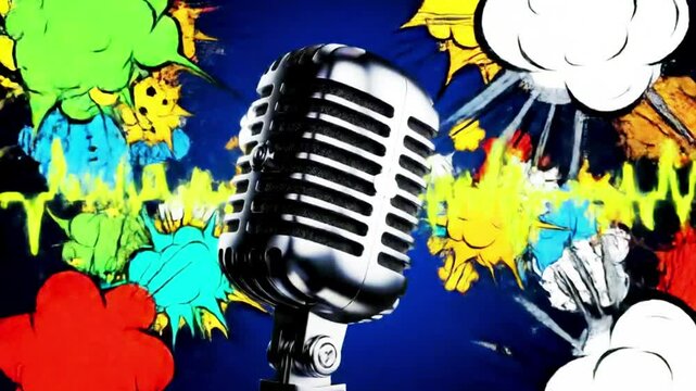 Bold retro microphone pops with comic flair and halftone dots, bursting in bright pop art style like a vintage poster come to life.