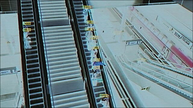 4K Inverted escalator scene under AI surveillance with bounding boxes tracking individuals, glitch HUD interface and cyberpunk aesthetic for motion graphics overlay, screen mode, public monitoring