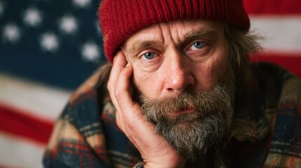 A contemplative man with a weary expression poses thoughtfully before an American flag, evoking themes of hardship, struggle, and the complexity of the human spirit.