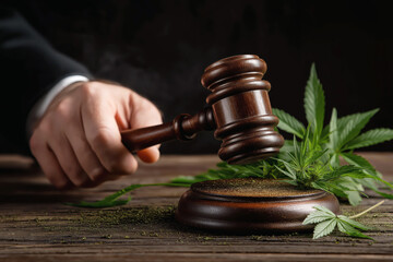 gavel in the male judge hand and marijuana leaves in the courtroom. Concept of legalizing and decriminalizing weed and drugs