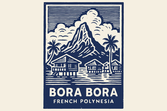 Bora Bora island vintage poster engraving style vector illustration