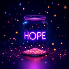 Neon HOPE in glowing jar with sparkling stars, inspirational art