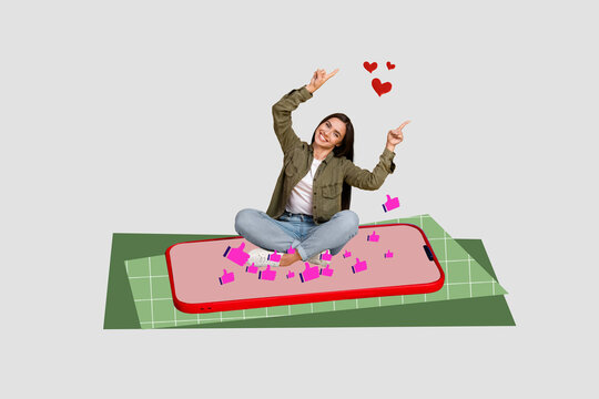 Composite zine pop trend collage of happy girl guy stand phone device screen thumb up like reaction social media follower