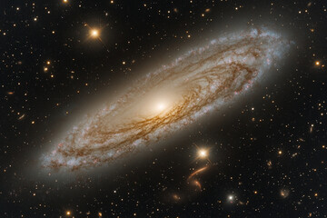 Obraz premium Distant galaxy featuring bright spiraling arms that illuminate the cosmic environment in a stunning display of celestial beauty