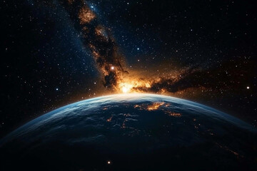 Obraz premium Distant galaxy with spiraling arms illuminating the cosmos over Earth’s horizon at dusk