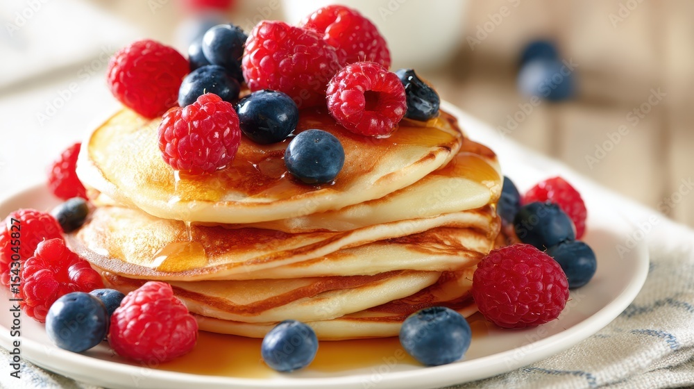 Poster a mouthwatering stack of golden pancakes is topped with fresh raspberries and blueberries, creating 