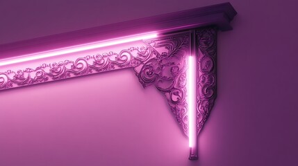 Ornate wall molding with vibrant pink lighting