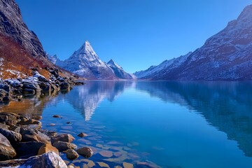 Obraz premium Stunning reflection of snow-capped mountains in serene lake norway nature photography clear day peaceful landscape