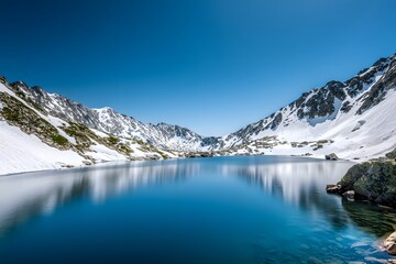 Obraz premium Snowy mountain lake reflection mountain range photography winter aerial view natural beauty