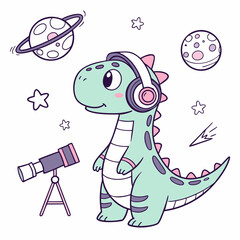 Charming SVG of a Shy Dinasour featuring wearing headphones, styled in a Galaxy Dreams theme with Starlight Mix hues
