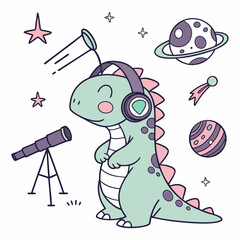 Charming SVG of a Shy Dinasour featuring wearing headphones, styled in a Galaxy Dreams theme with Starlight Mix hues