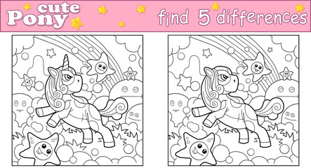 Cute pony unicorn illustration find five differences