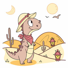 Curious Dinasour with with a scarf, set in a charming Desert sunset theme – Sundown Glow color vector art
