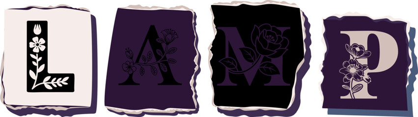 LAMP Floral Typography of a Concept Word � Elegant Torn Paper Letter Design