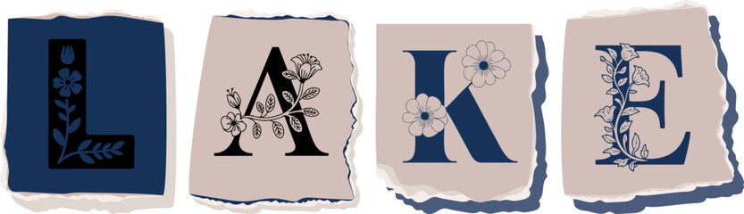 LAKE Floral Typography of a Concept Word � Elegant Torn Paper Letter Design