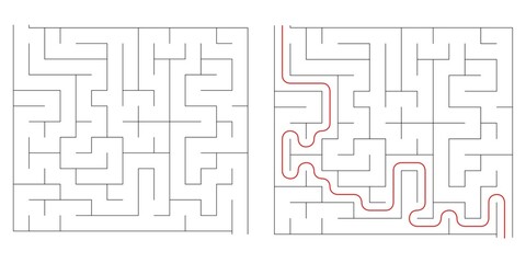 Find right way puzzle game with the solution. education logic game for kids. labyrinth maze game. simple logic game. puzzle for children