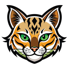 Stylized bobcat face with green eyes and black markings displays a friendly expression