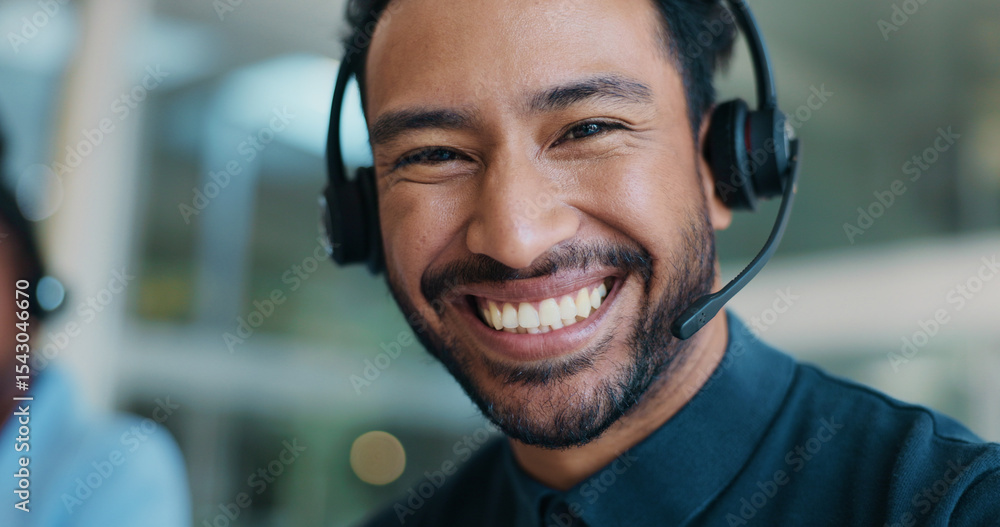 Poster man, headset and portrait with smile at call center with pride, career and customer support in offic
