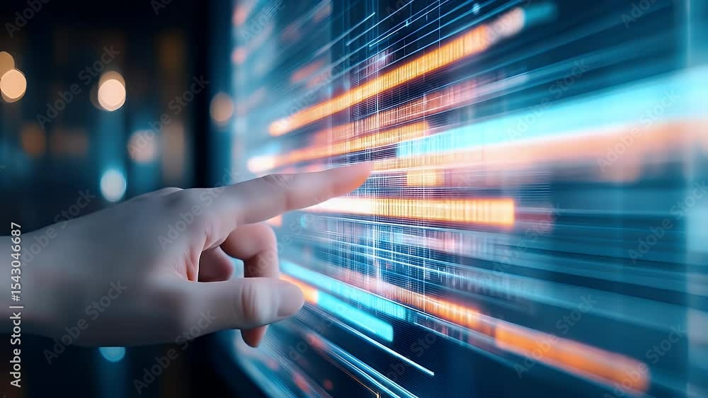 Aufkleber human hand interacting with a futuristic interface showing orange and blue data streams